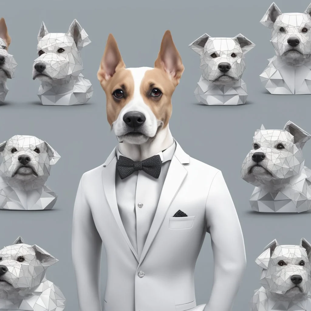 make one realistic business dog that is made of shapes and has a suit on looks a little like crystals lowest 2048 x 1152 pixels and highest 6 MB