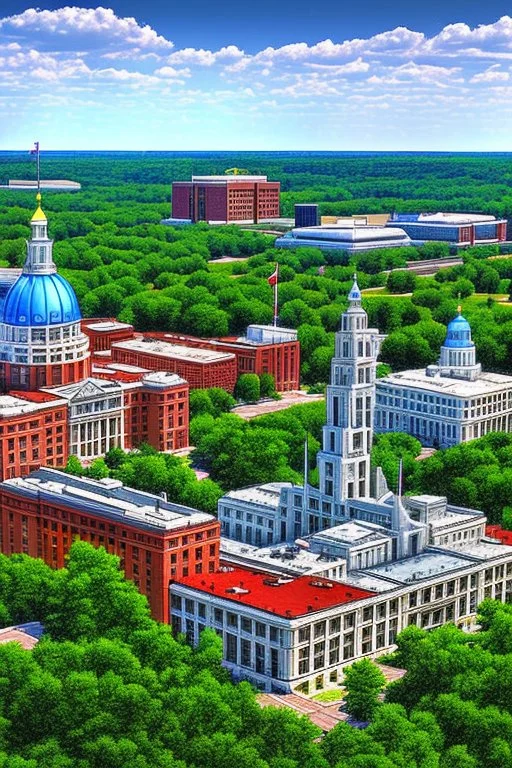 The city of Madison, Wi, as it would be depicted in the Fallout series of video games. Photorealistic, color