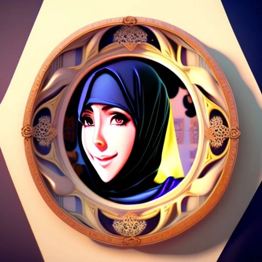 3d anime Only the face Muslim Pretty impressive women inside a circular frame,Portrait image,professional look