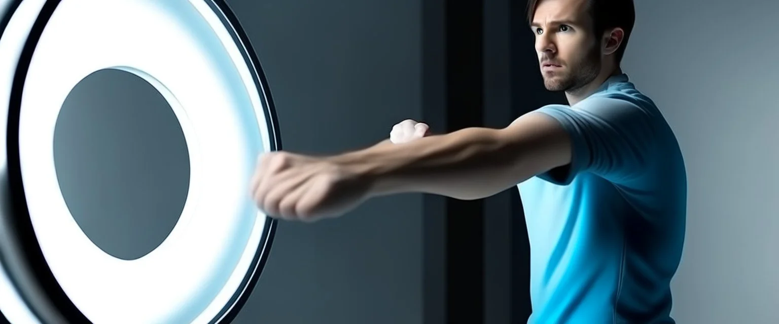scared man sticks his arm into teleportation device portal for testing
