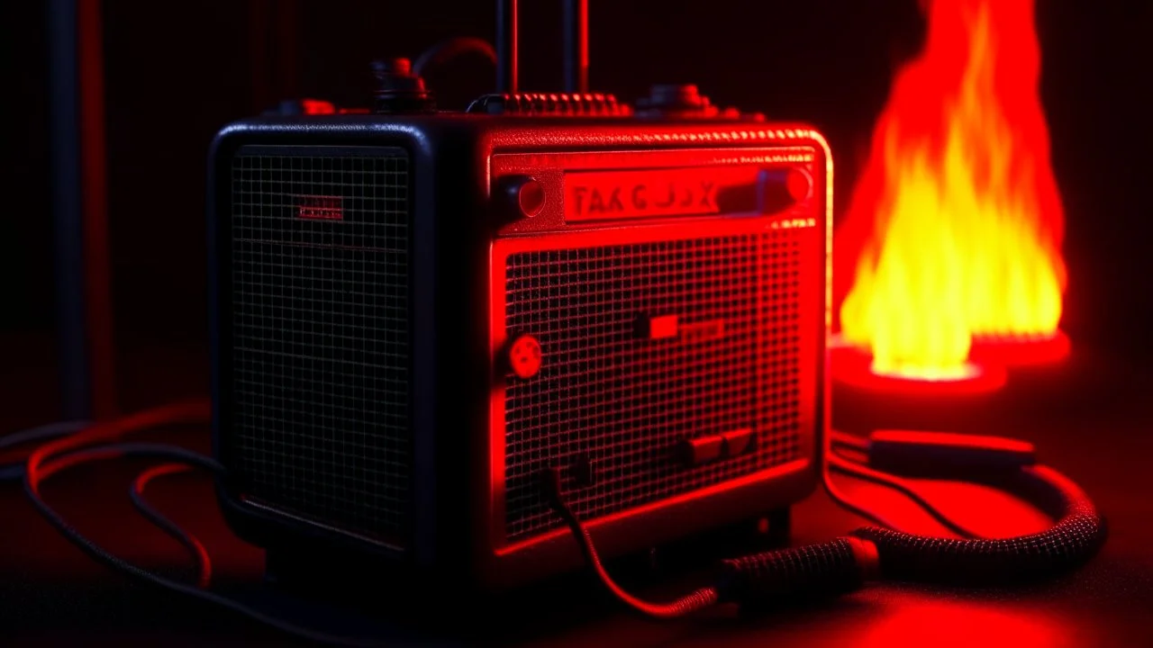 4k full detail, realistic, émission radio hardrock ac dc firestarter terminator flammes en fond