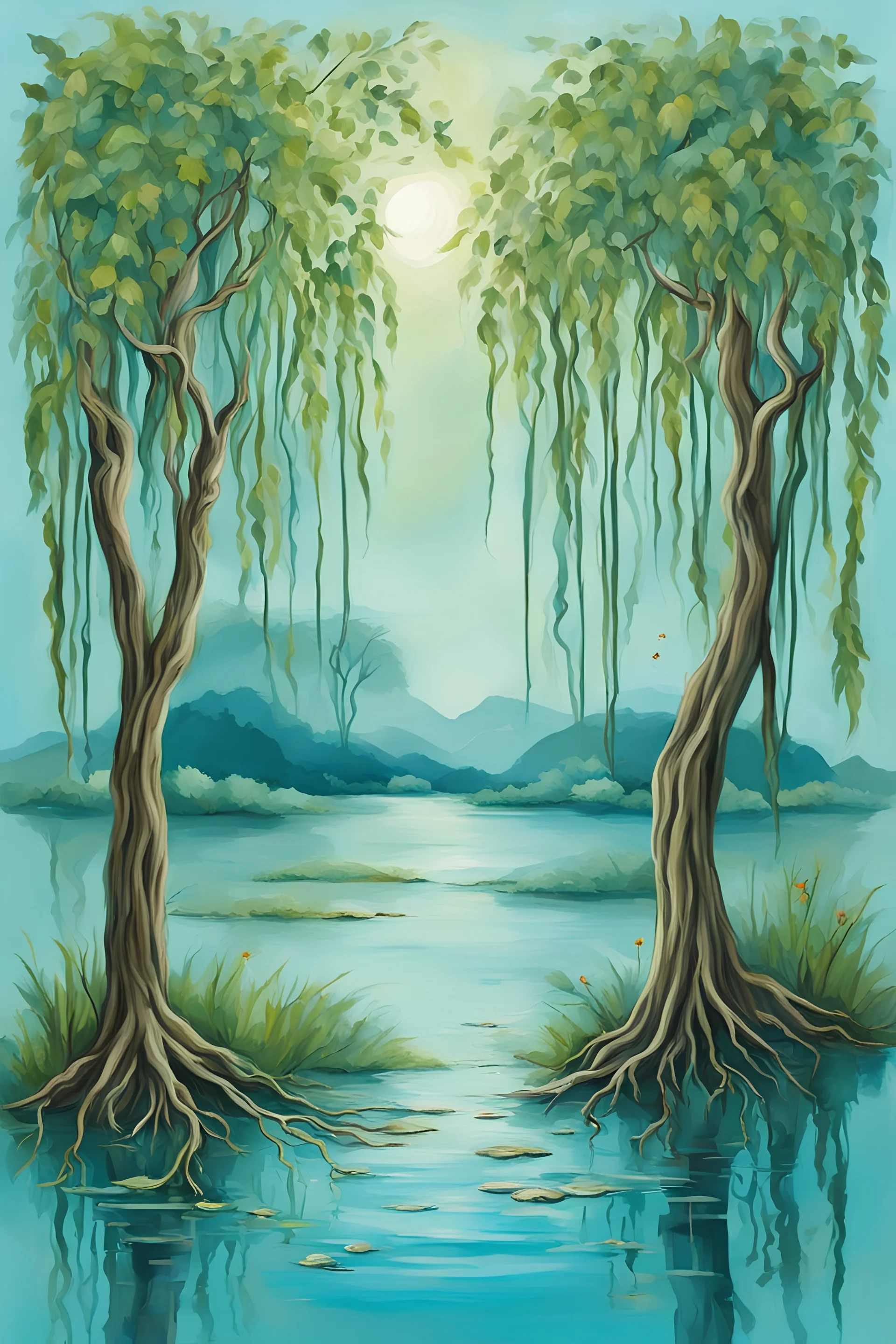 Panorama composition, green theme, weeping willows, Gangnam impression, bohemian theme handmade decorative paintings, creative composition, stunning design, master work, light blue background