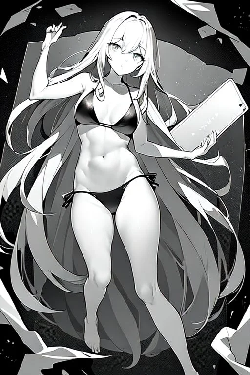 bikini long hair thin girl with leg in abyss pool, greyscale, sexy pose, screen tones