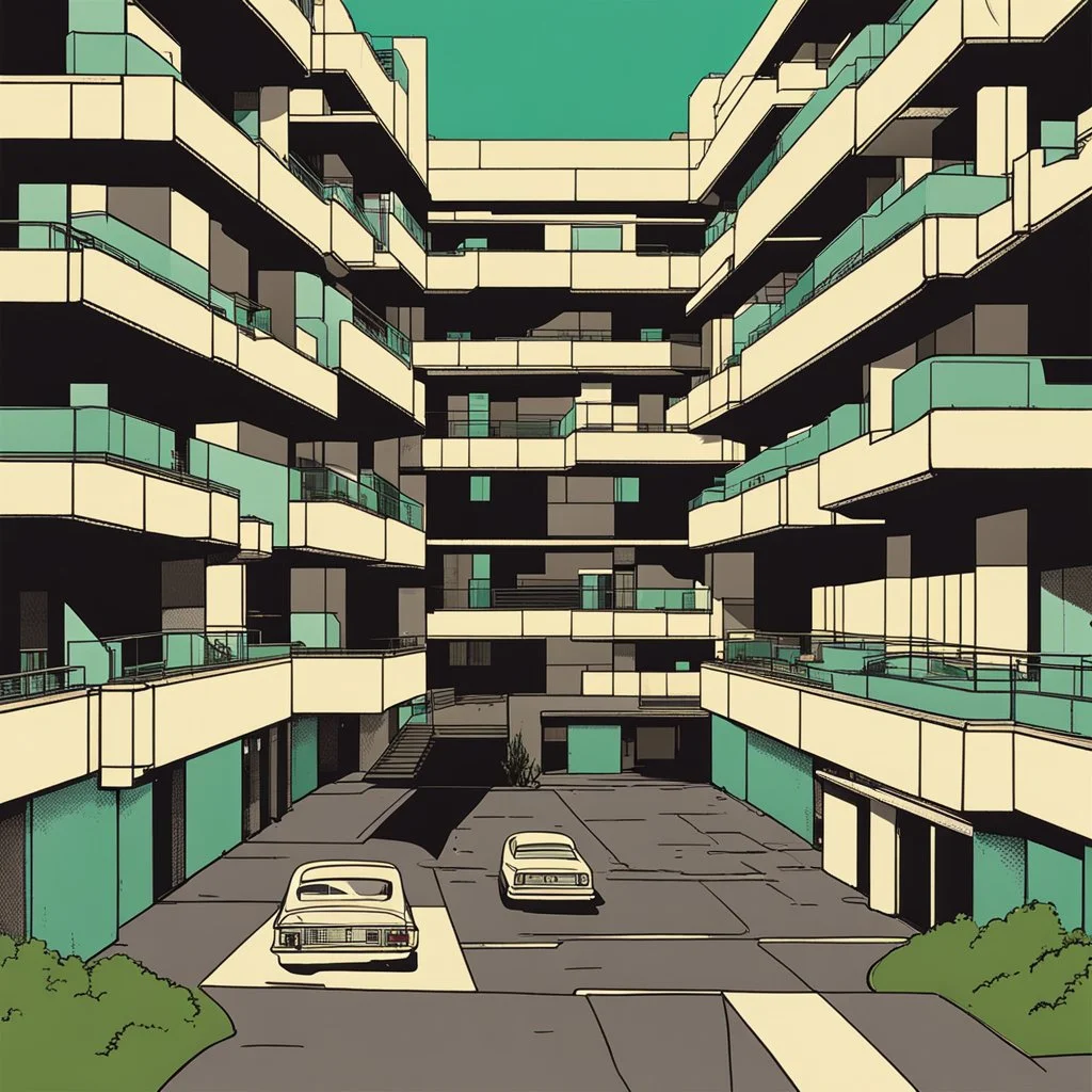 Brutalist flat in the outskirts of a big city, schizophrenic, paranoic, strong texture