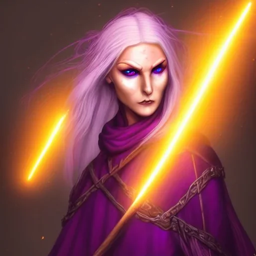 Female dungeons and dragons character, aasimar, eldritch warlock, spy, flowing white hair, glowing orange eyes, mysterious facial expression, close-up, violet magical energy, archfey patron