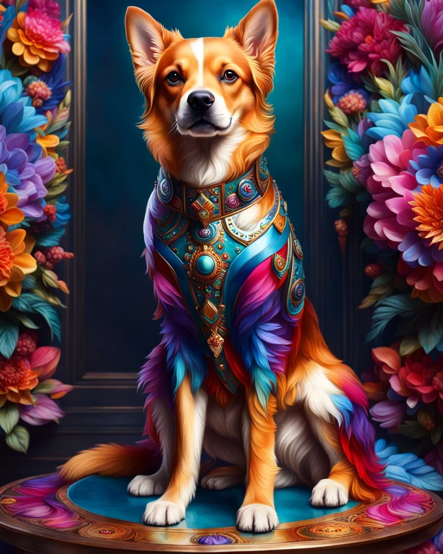 Full body Beautiful anthropomorphic dog colorful art conceptual, amazing artwork, hyper detailed, ultra maximalist quality, 12k