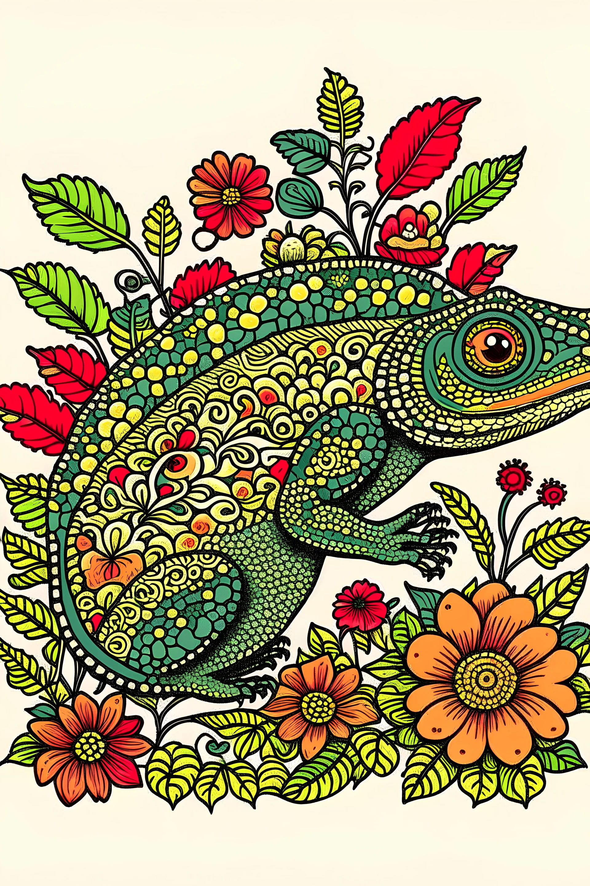 a chameleon rounded by flowers and leaves, quimbaya culture style