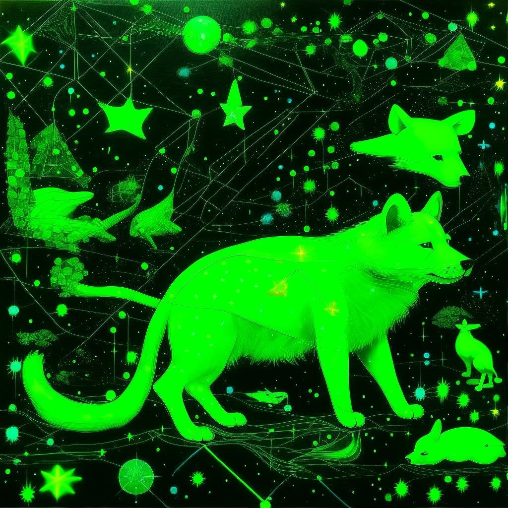 A neon green galaxy with animal constellations painted by MC Escher