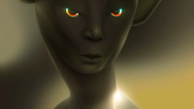 : Extraterrestrial Being, humanoid, seamless blend of biological and technological, complex design, intricate patterns, vibrant color palette, set against a starry backdrop, detailed shading, digital texture painting, hyper-realistic, science fiction, alien technology, nocturnal, mysterious, stunning gaze, glowing accents.