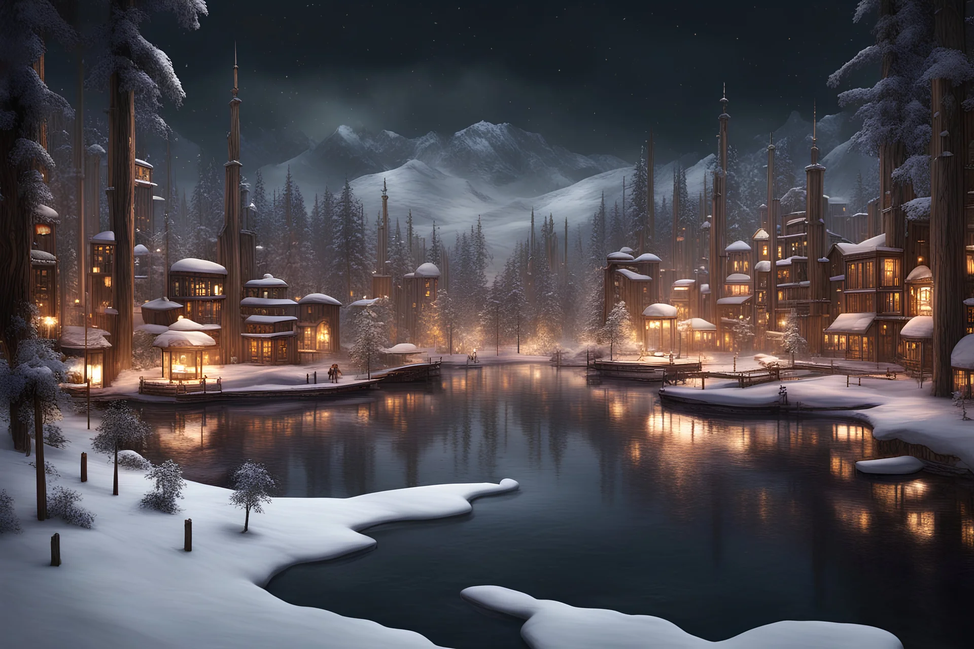 fantasy, arabic city build from wood, port, lake, forest, winter, snow, darkness