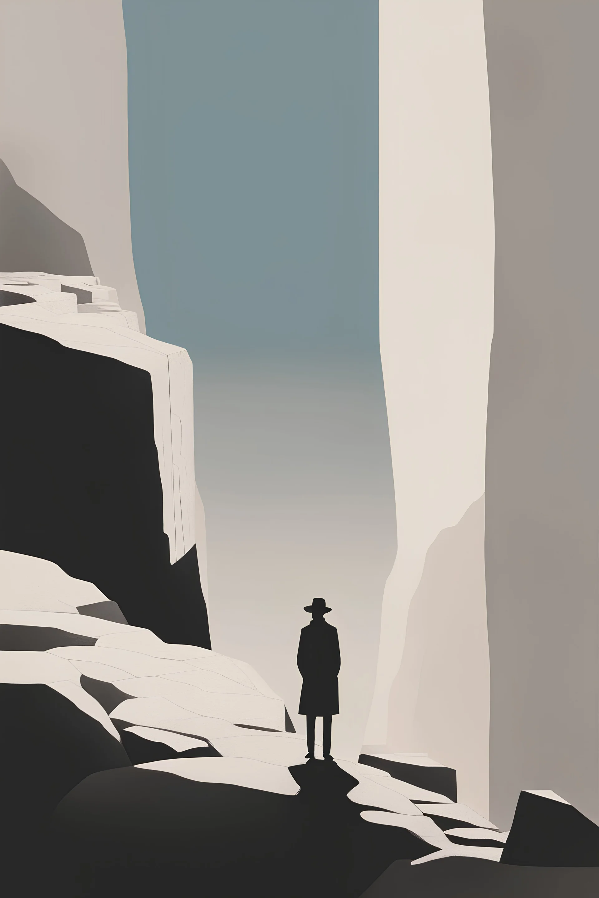 An enigmatic portrait of a figure standing at the edge of a cliff, overlooking a vast, unknown landscape, in the style of minimalism, simple shapes, limited color palette, and a focus on the subject's sense of wonder and curiosity, inspired by the works of Agnes Martin and Ellsworth Kelly, encouraging the viewer to contemplate the mysteries of the unknown.