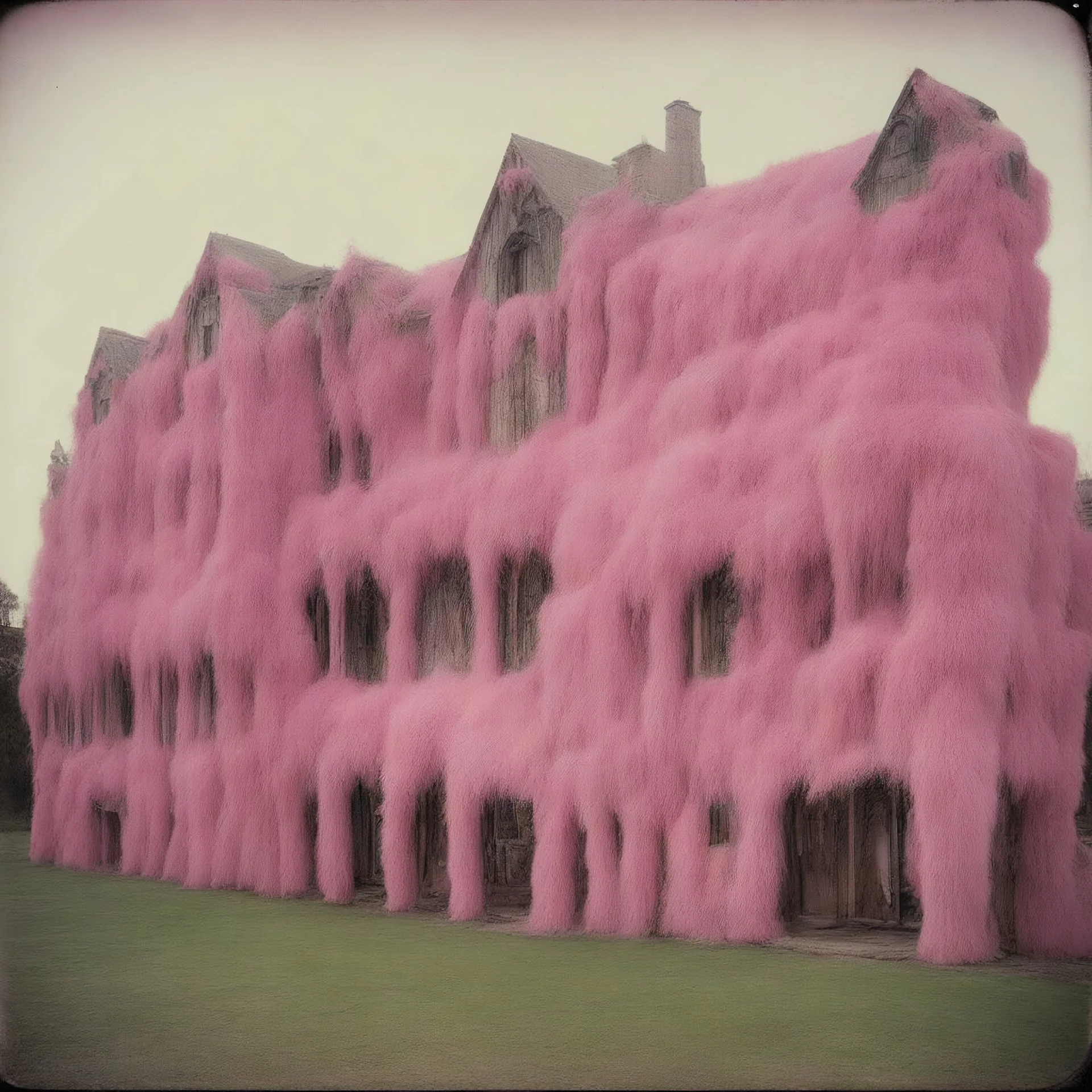 Strange furry buildings, pink, autochrome
