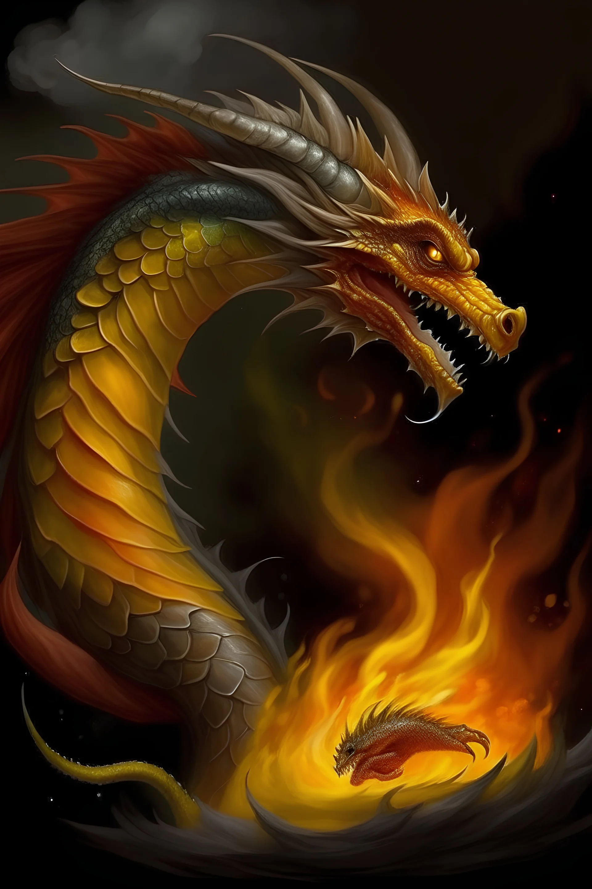 Fish and dragon,fire and smoke