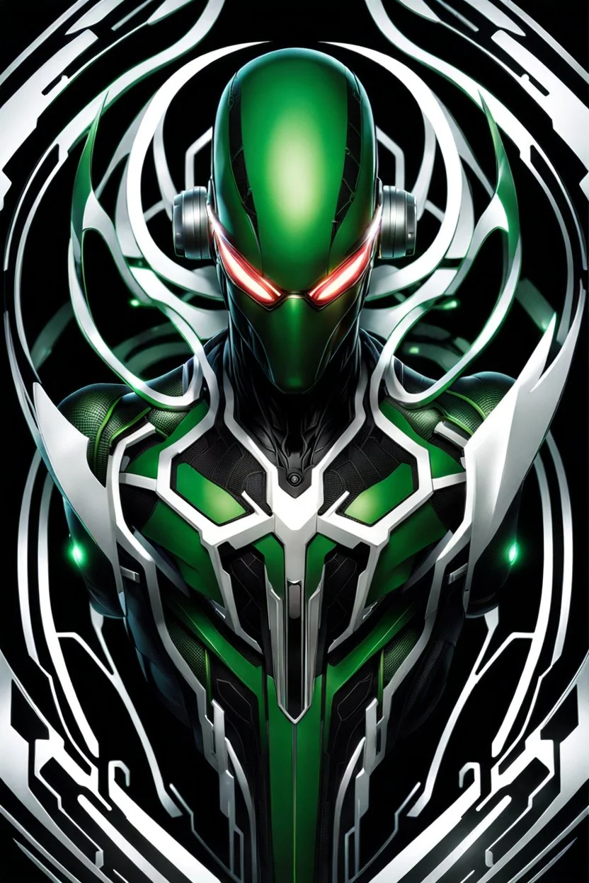 Cyborg symbiote, white color, green color, tendrils, high tech, cyberpunk, biopunk, membrane wings, carbon fiber, cyber tentacles, and the other two.