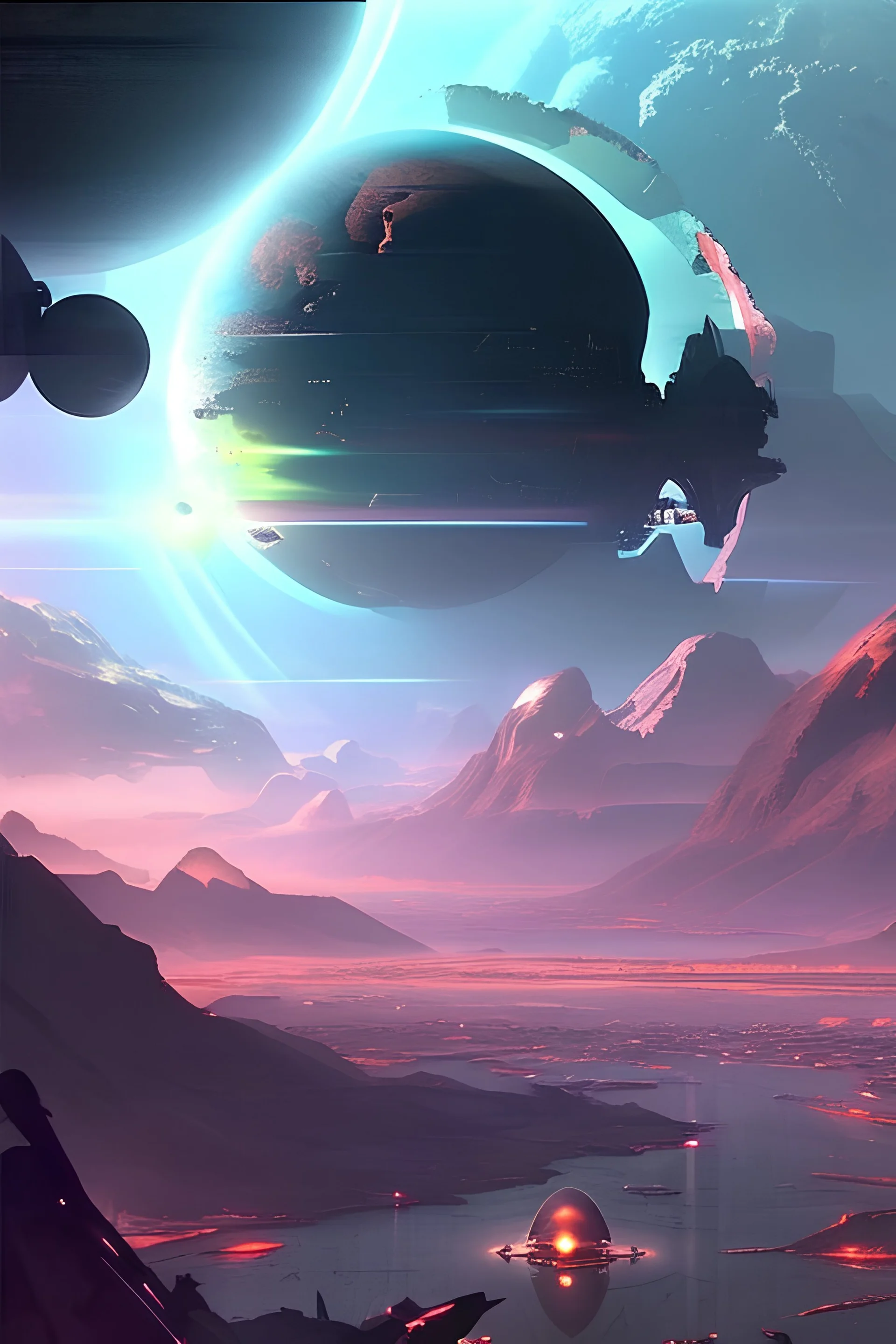 A view from the surface of an artificial planet overlooking a star in a dyson sphere, universe that has been entirely colonized by humanity, sprawling artificial complexes, everything artificial, sci-fi, concept art, retrofuturism, pylons connecting planets, rings