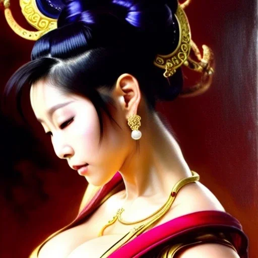 Drawing of beautiful face,busty Chun li-Street Fighter,intense stare,Minimal ancient armor, balanciaga fashion clothe painting by gaston bussiere, greg rutkowski, yoji shinkawa, yoshitaka amano, tsutomu nihei, donato giancola, tim hildebrandt, oil on canvas, cinematic composition, extreme detail,fit full head inside picture,16k