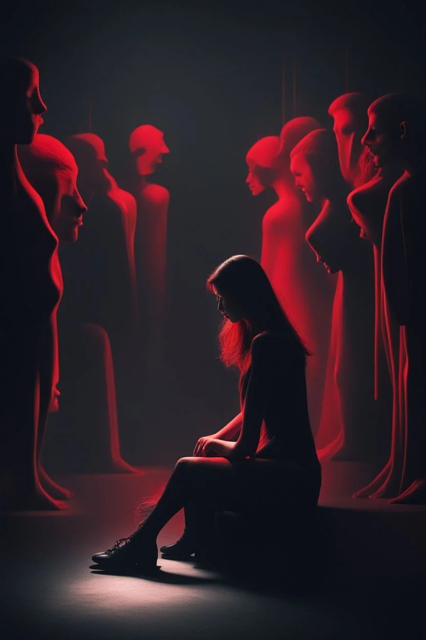 Image of a woman sitting alone, surrounded by shadowy figures whispering in her ear, suggesting the influence of manipulation and dark psychology on individual perceptions of attractiveness Give it a very dark frightening vibe. Use black and red theme.