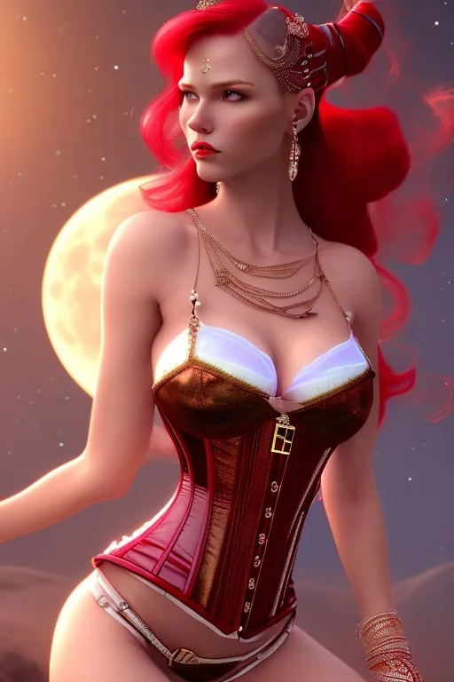 sexy milf, red hair, braids, pony, corset, moon, 8k resolution, high-quality, fine-detail, intricate, fantasy art, detailed matte, volumetric lighting, illustration, 3D