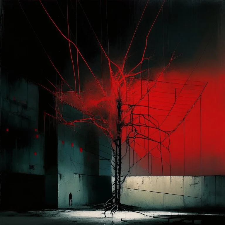 Minimal abstract oil painting of a tree in concrete warehouse brutalist architecture and hanging wires illuminated at night. With red triadic colours. In the style of Justin Mortimer and Phil Hale, Ashley Wood