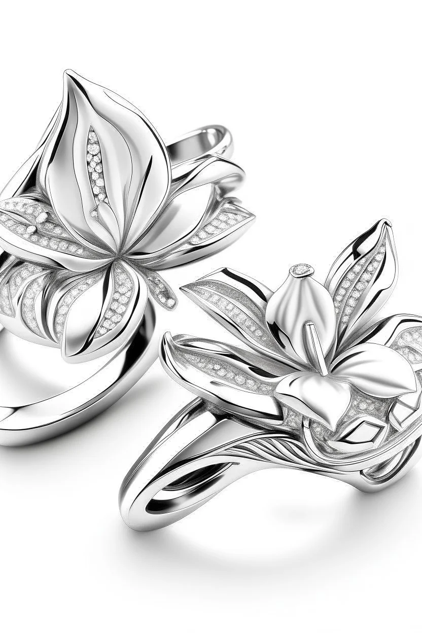 White gold couple rings in the shape of a tiger lily flower containing diamonds