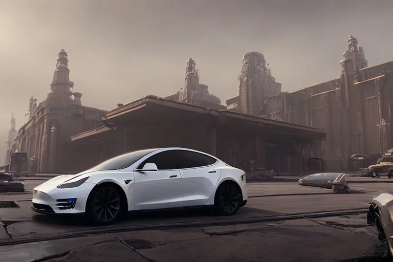 A Tesla 'Model S' is parked, in the 'Cloud City' of Bespin. CINEMATIC. WIDE ANGLE LENS. PHOTO REAL.