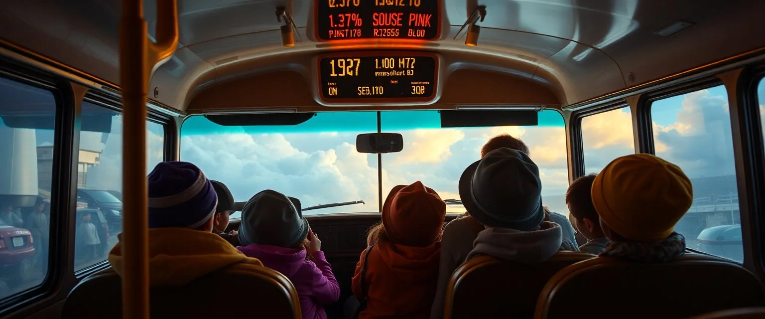Mr. Jenkins drives a bus of gold, Through cotton-candy clouds and stories untold. Kids in the back, wearing hats of neon light'