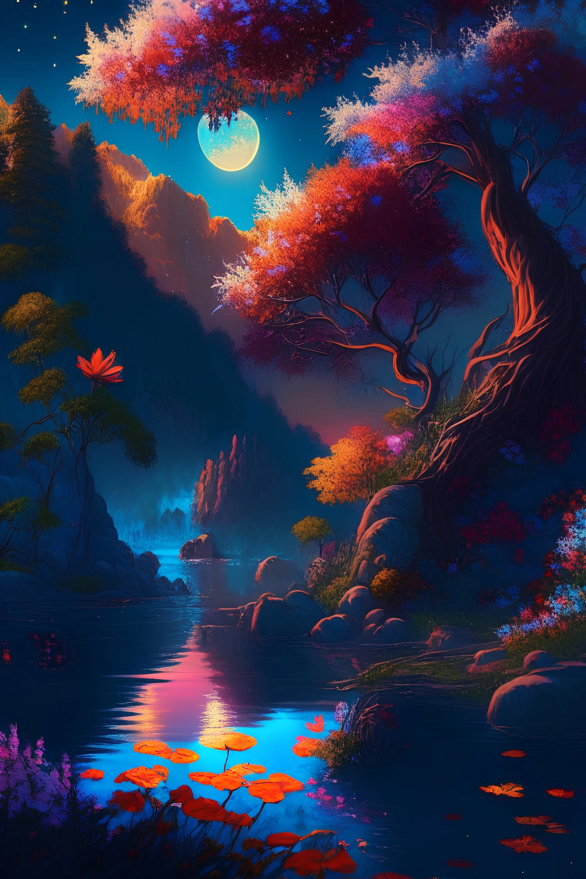 trees, river, day, sun day, an idyliic forest with bright colorful flowers, mountains, sun,flower, a small river, paradise, heavenly atmosphere in the moonlit night, detailed painting, deep color, fantastucal, intricate details, splash screen, complementary colors, fantasy concept art, 16K resolution, artstation unreal engine 5, night cafe, stable diffusion