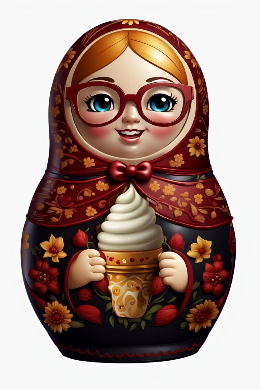 draw a Russian matryoshka doll in the style of Khokhloma, the matryoshka is smiling, the matryoshka has a icecream in her hands, a frontal angle, a picture on a white background, the matryoshka is drawn entirely, a highly detailed 3d picture