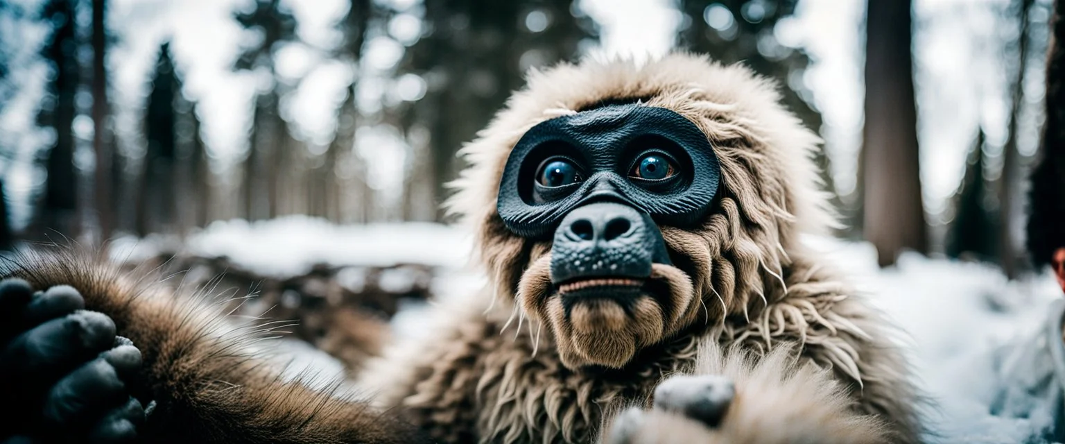 close up documentary photography, Baby Yeti, young curious Bigfoot, scientist, Dystopian, Hyper detailed, realistic fur, Japanese, Extreme depth of field, bokeh blur, winter, blizzard, Alberta, all-natural, in the style of candid, imperfection, natural lighting, Professional shot, shot on Agfa, Fuji Film, as if through the lens of a vintage Panavision camera, 1990s, --ar 4:5 --w 150 --style raw