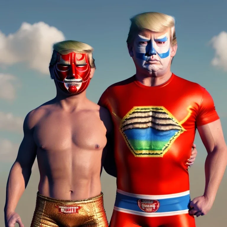 Realistic image of Donald trump wrestler, Mexican wrestling style, Mexican wrestling mask for eyes, red and blue breeches, glow us flag dress, suspenders, retro style, 80s, vibrant color, highly detailed, sky background, concept art, unreal engine 5, god rays, ray tracing, RTX, lumen lighting, ultra detail, volumetric lighting, 3d, finely drawn, high definition, high resolution.