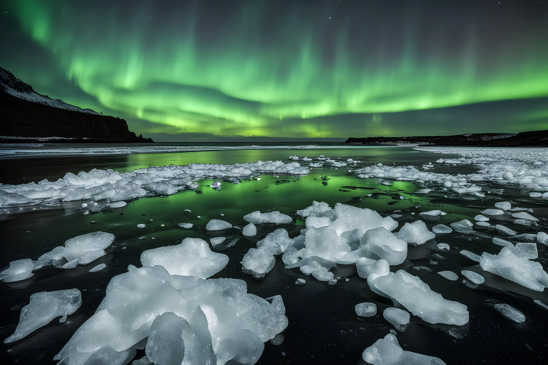 black beach with pieces of ice on the sea and northern lights