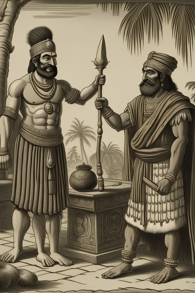 A Indian blacksmith with a Indian king standing in front of him and a bag of sandalwood on one side, the king pointing towards the Bag.