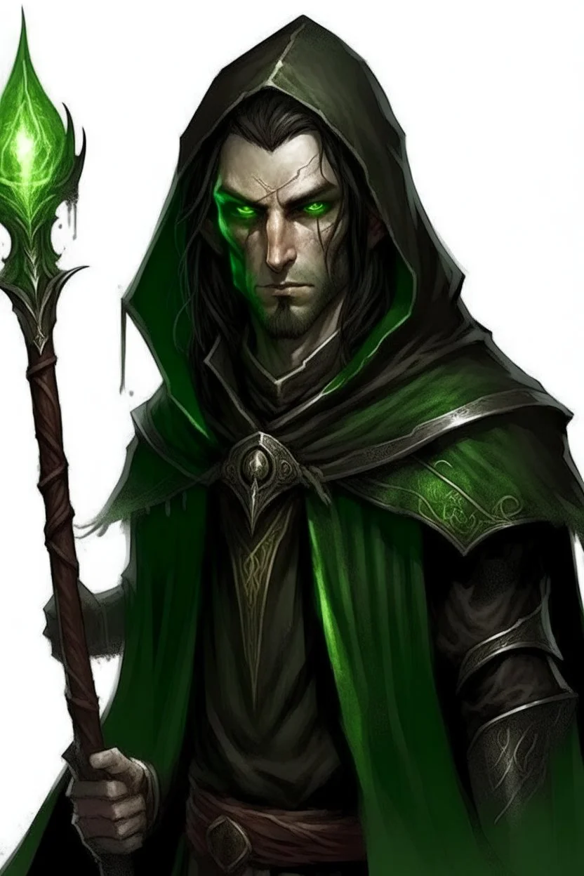 full length, mantle, hood removed, black with, holding a spear in his hand, dark green eyes