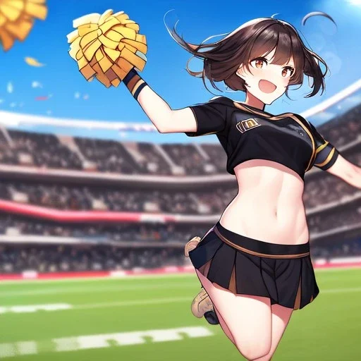 Clear focus,High resolution, Cheerleader, Jumping, black short skirt, black shirt