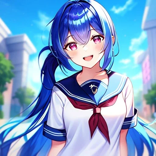 girl, masterpiece, best quality, volumetric lighting, detailed outfit, perfect eyes, long hair, blue hair, pink eyes, twin low ponytail, school outfit, laughing,