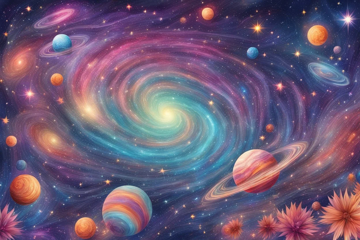 A magical galaxy drawing in the background, with lots of shining stars and bright colors