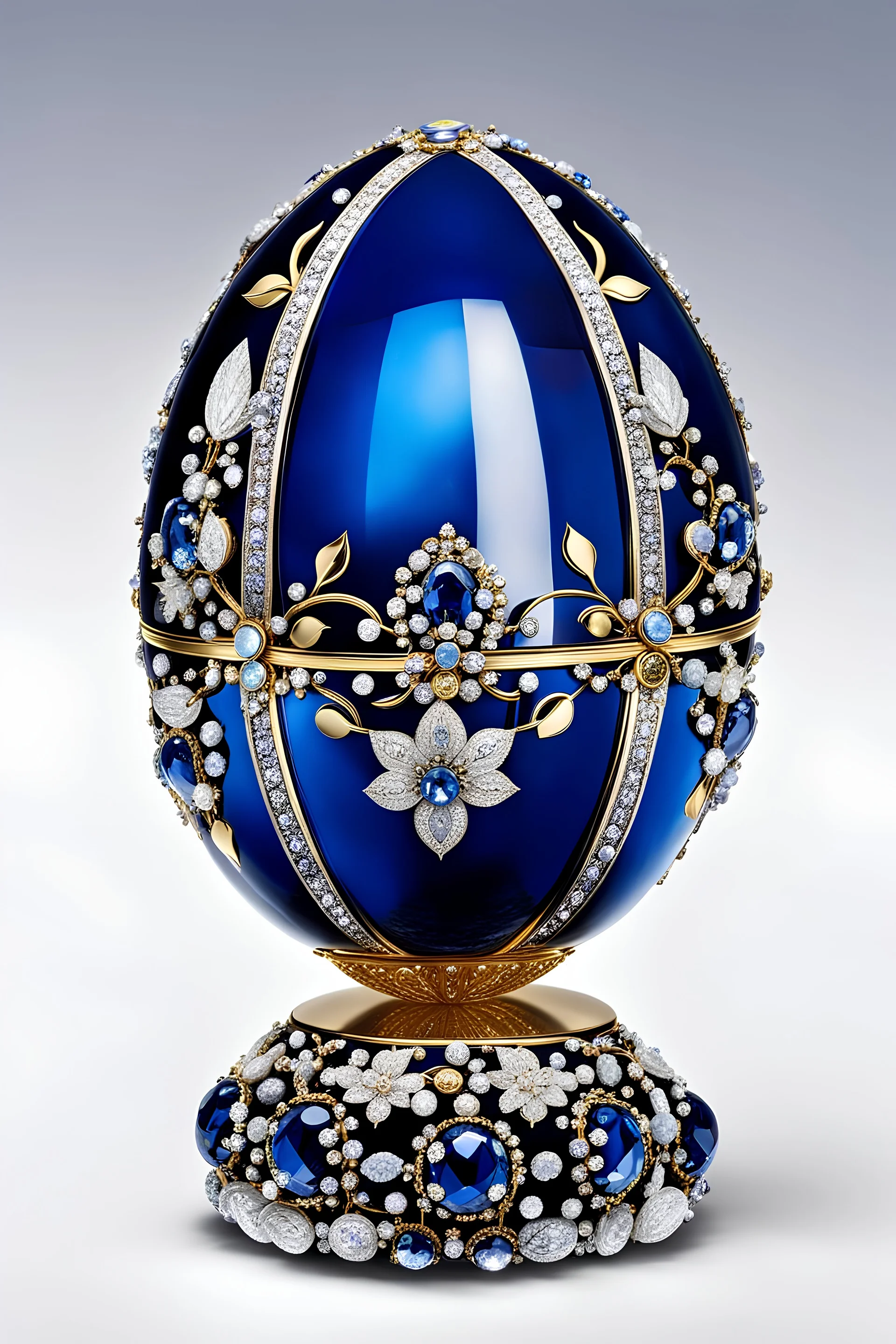 A Fabergé jewelled egg, the exterior of the egg resembles perfect blue crystal egg formed with many gold decorations. It is studded with diamonds and is made from quartz, platinum, and orthoclase with miniature flowers, diamonds and made from platinum and gold, the flowers and plants made of white quartz and gold, The box features decorative Swarovski crystals and an enamel finish, high quality, detailed, photography, stunning