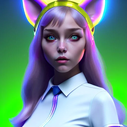 waitress teenager, Caucasian race, cat ears latex headband, rounded face, short hair, light makeup, striped shirt, vibrant color, highly detailed, gradient background, concept art, smooth, 16 bit, unreal engine 5, god rays, ray tracing, RTX, lumen lighting, ultra detail, volumetric lighting, 3d, finely drawn, high definition, high resolution.