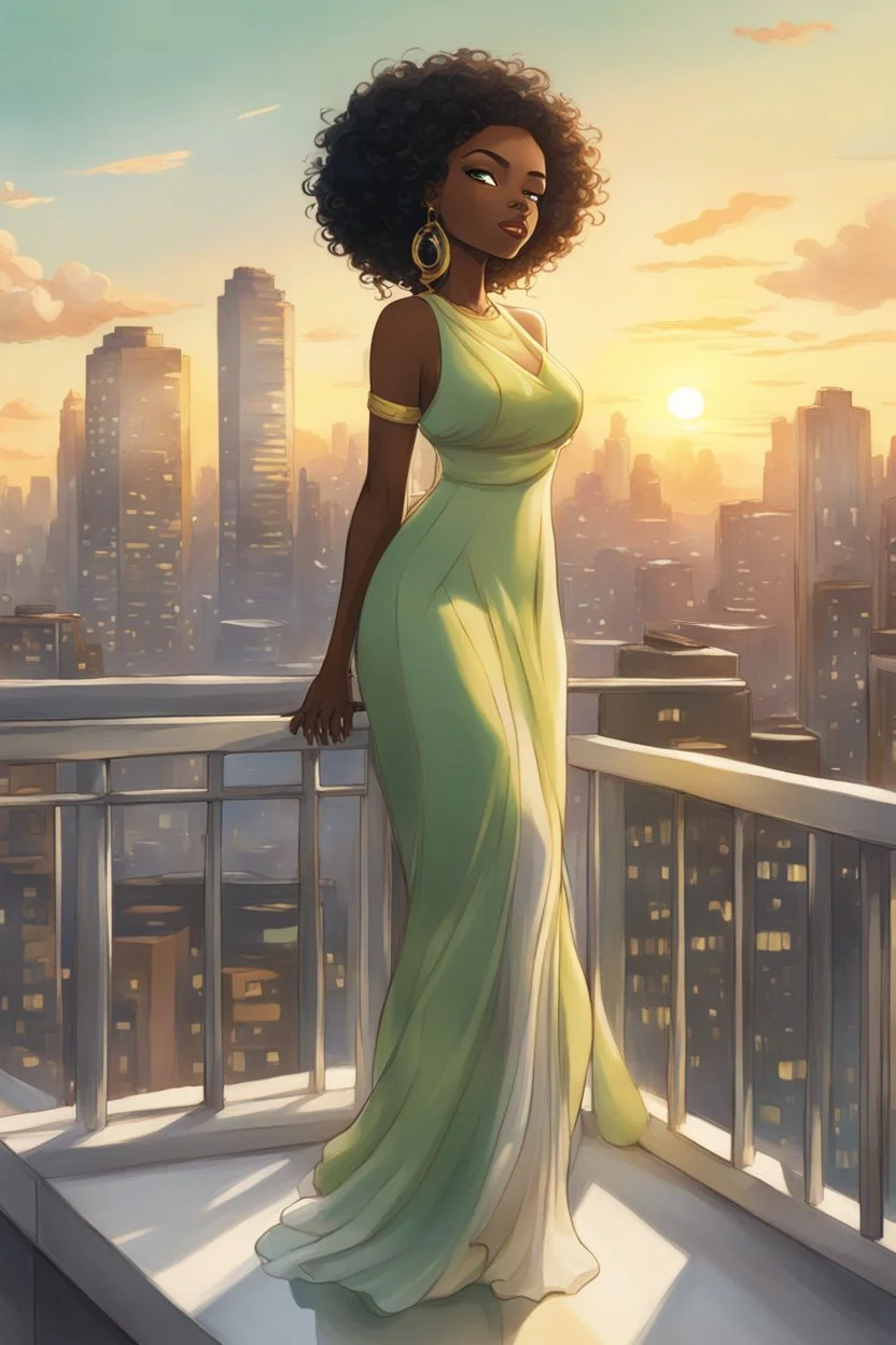 The scene opens onto a serene balcony overlooking a bustling city skyline. The sky above is painted in soft hues of green and yellow as the sun begins its descent, casting a warm glow over everything it touches. In the foreground stands a captivating figure, airbrush chibi cartoon curvy black woman exuding confidence and elegance. She is adorned in a flowing white knit maxi dress that hugs her curves in all the right places, accentuating her silhouette. Her choice of footwear is equally stunning