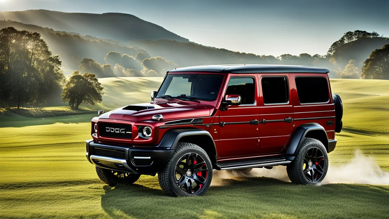A sleek (((Dodge Ram G Wagon))) with a majesticly curved rear, cutting through a (sunny, open countryside) backdrop