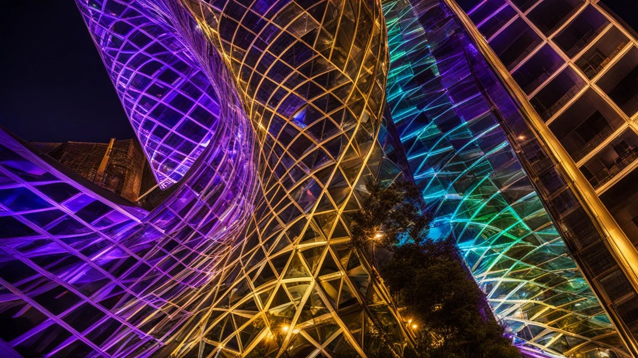 178, delightful, sensitive, confident, iridescent double helix tower, delicate, nocturnal, architecture, award-winning photograph, beautiful composition, filled with beautiful detail, delicate colour, chiaroscuro