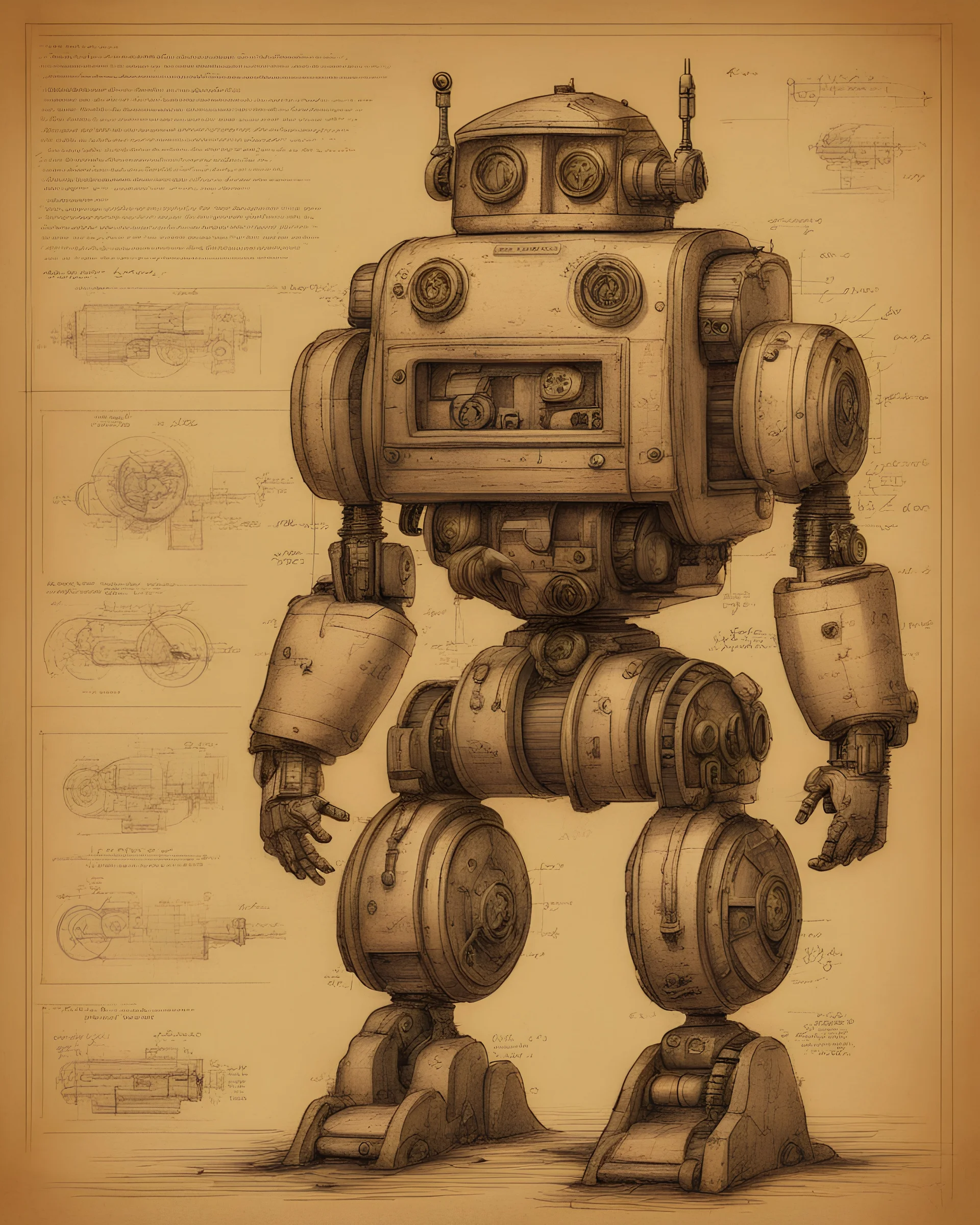 Hand drawn, art by Wayne Reynolds and Daren Bader and Tom Tenery, old paper with detailed schematics of dark dieselpunk cute robot, detailed drawings, cross section, concept sheet sketch, 8k