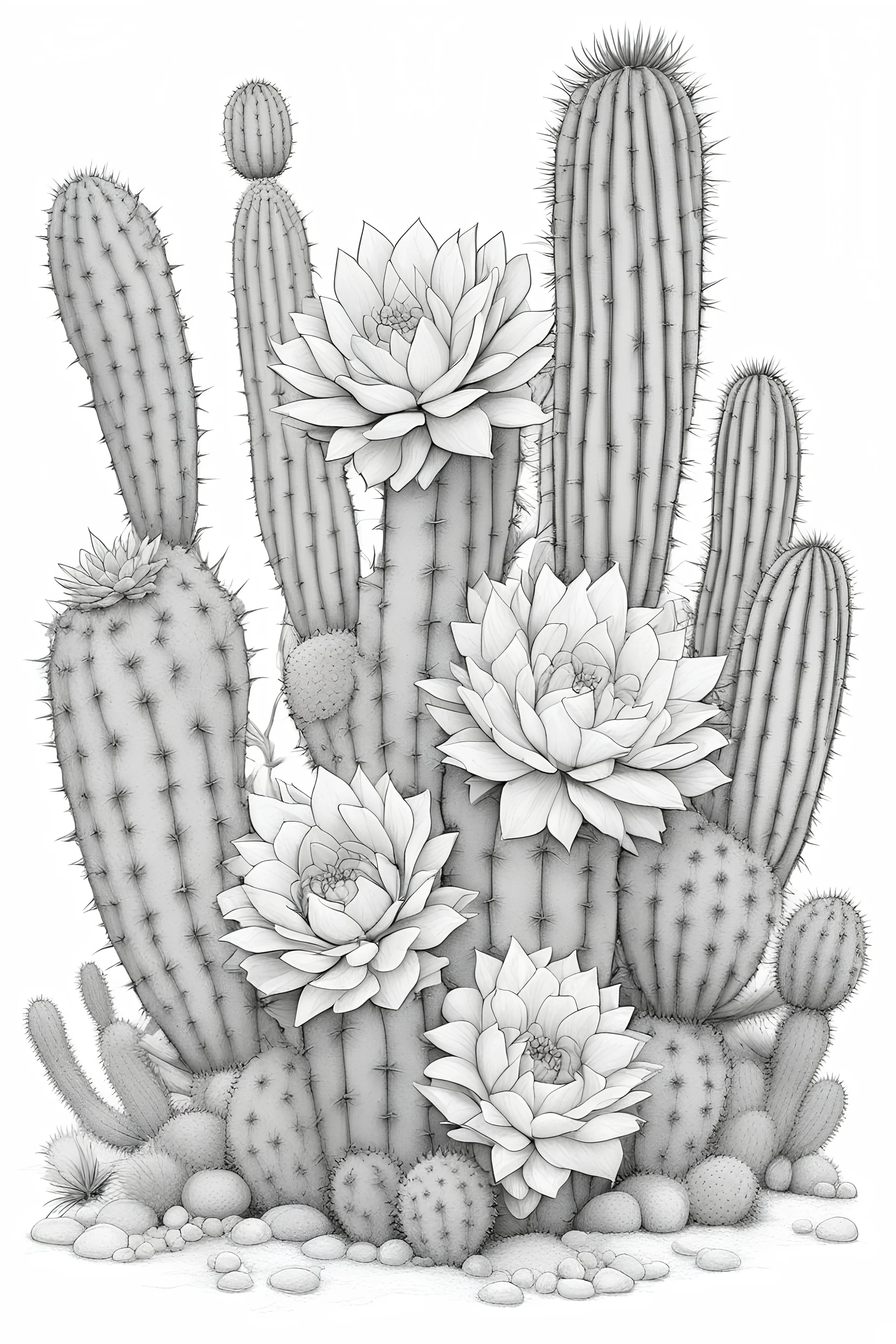 outline art for coloring pages with blooming cactuses, and a white background, only use an outline, no shadows, and clear and well-outlined