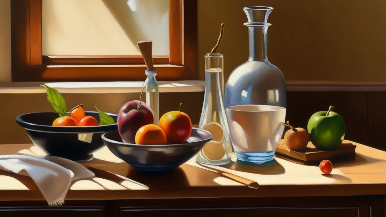 A still life painting depicting various kitchen items including a glass, a ceramic bowl filled with fruits, a bottle, and a rolling pin on a table in a bright setting