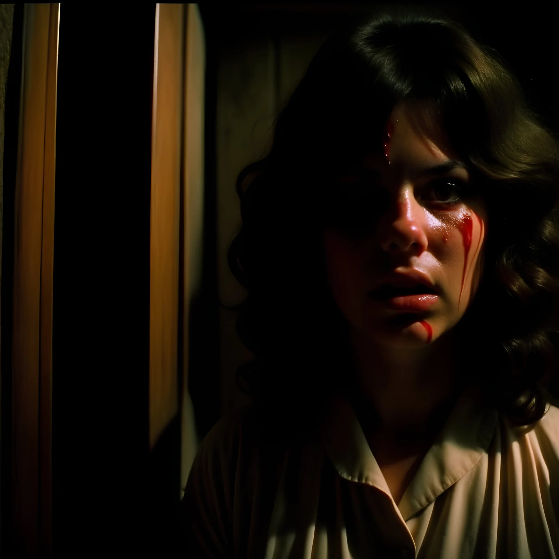 Strong texture, photorealism, Caravaggio. Italian interior. Surreal, eerily mysterious, pastel colors. Italian horror, Dario Argento. Humid. Movie shot, splatter horror. 1970's Italian art. 33mm photography