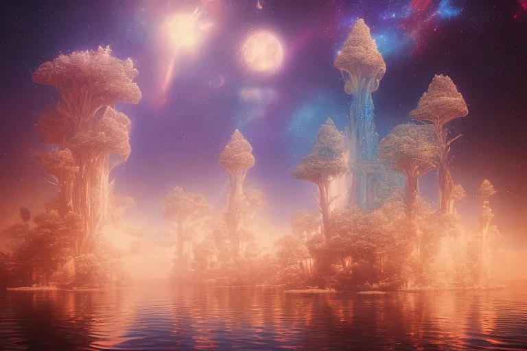 white and gold crystal cosmic and galactic ambiance sky trees river lake surreal, full of details, smooth, bright sunshine，soft light atmosphere, light effect，vaporwave colorful, concept art, smooth, extremely sharp detail, finely tuned detail, ultra high definition, 8 k, unreal engine 5, ultra sharp focus