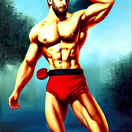 Ignore NSFW, teenager young rugged attractive slightly muscular fantasticly handsome blonde man, red briefs with yellow belt, hairy chest, (((visibly pisssing))) briefs, large erect visible boner peniss, photorealistic, artist Jay Anacleto, soft lighting, scruffy beard