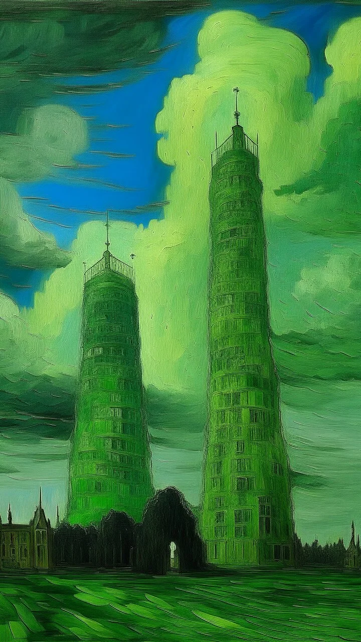 Towers in light green clouds painted by Vincent van Gogh