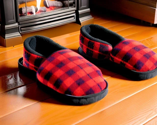 Red plaid slippers, bear rug,log cabin fireplace