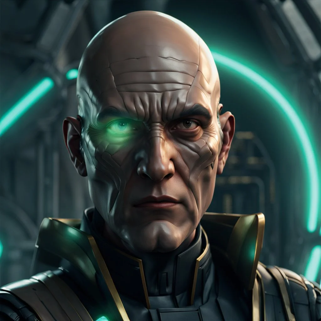 star wars bald male corellian pilot wearing pearlescent black and gunmetal grey First Order special forces heavy assault armor and helmet with gold trim inside the jedi temple, centered portrait, hyperdetailed, dynamic lighting, hyperdetailed background, 8k resolution, volumetric lighting, light skin, fully symmetric details